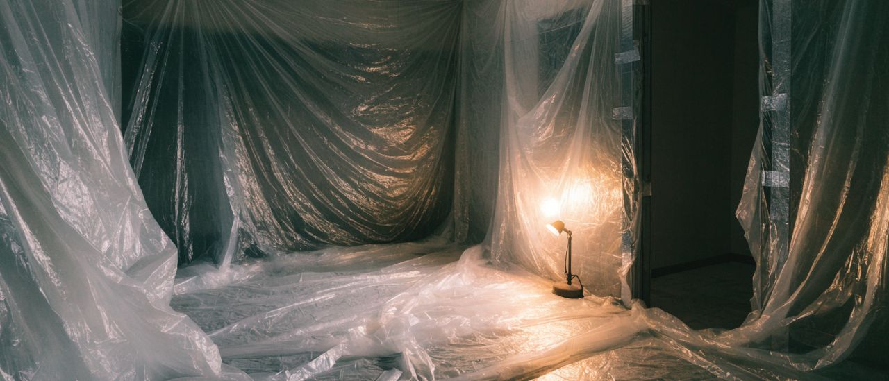 Interior room sealed floor to ceiling with plastic sheeting before ceiling work begins